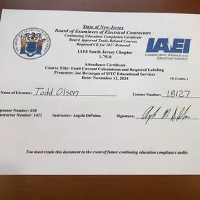 Independent Alliance of the Electrical Industry sent TWO Electrical Contracting an email this week. Certificate from the bimonthly electrical NEC(National Electrical Code) meeting. Superb course and one credit towards the 2027 Electrical Contractors License renewal. Was a fun and entertaining evenin