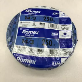 New Smurf blue colored 14/3 copper romex wire by Southwire Electrical Inc. It's definitely easy to spot. We're running a line for two new smoke detectors.