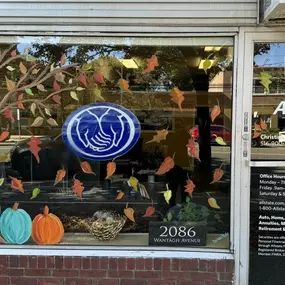 Our Allstate agency front window is decorated for the fall 2024 season.