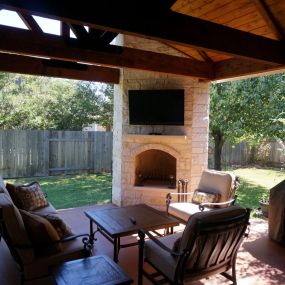 Austin Covered Porch with Outdoor Fireplace.