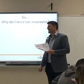 Greg Sniezek, Agency Owner speaking to high school students about safe driving and car insurance.