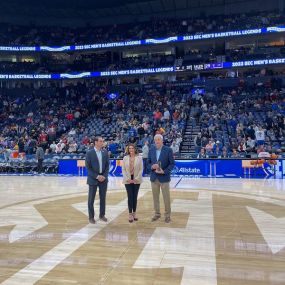 Taking the court at the 2023 SEC basketball tournament in Nashville, Tennessee with legendary Butch Feher while representing Allstate!