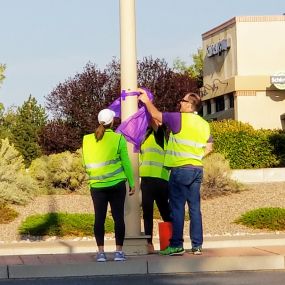 Purpling on the Poles for National Domestic Violence Month - hanging the poles