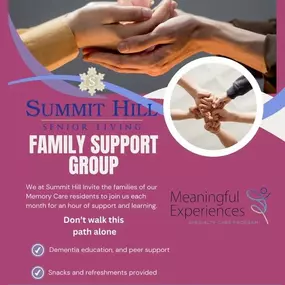 Join us the third Monday of every month for our monthly Family Support Group to learn more about dementia education, peer support, and our Meaningful Experiences program that continues to provide successful outcomes within our Memory Care community.