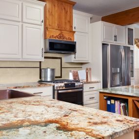 This granite will range from brown and gold, to blue and gray, all within the same slab.