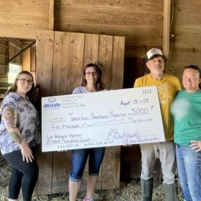 In June 2023, we were proud to organize a volunteer day where we installed fence posts for their goats, in the rain, and to present a check to support the Tamerlaine Sanctuary.