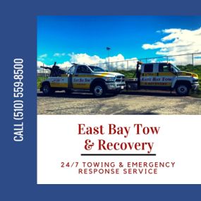 East Bay Tow, Inc.
Available 24 hours a day, seven days a week, our team of nationally-trained drivers is always available to tow or recover your vehicle and get you and your passengers on your way to your next destination or repair shop.  We can help you with everything from tire changes and lockouts, to jump starts and towing. If you find yourself involved in the unfortunate situation of an on or off-road accident or rollover, count on East Bay Tow for fast, dependable towing and recovery oper