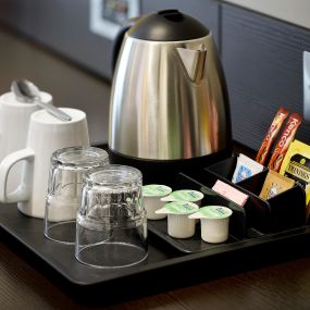 Premier Inn accessible bedroom with tea/coffee-making facilities