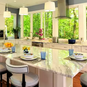 Bright, white kitchen and kitchen cabinets.