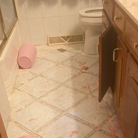 Pictured here is water damage in a Minneapolis main-level bathroom.