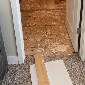 Pictured here is Minneapolis bathroom water damage caused by a toilet that overflowed.  As you can see, we only removed a section of the carpet.