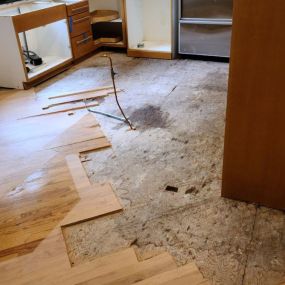 Pictured here is Minneapolis water damage in a kitchen.  In this picture, you can see we are drying out the tongue and groove hardwood floor panels.