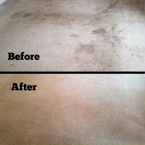 Before and After photo. The room was very stained and full of long-term wear. We are proud to clean and provide a new looking carpet for this family.