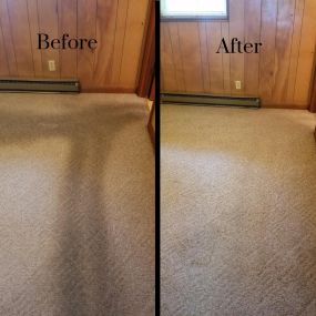 A before and after photo of a well-used foot path throughout a home.