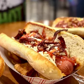 Blood Graffiti Dog: Grilled Dog, Toasted Bun, Pizza Sauce, Shredded Mozzarella, Crispy Pepperoni