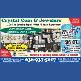 25% OFF MSRP Citizen Watches, 50% OFF MSRP All In-Stock White & Yellow Gold Jewelry, 25% OFF MSRP All In-Stock Silver Jewelry.