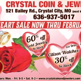 Sweetheart Sale! 60% OFF In-Stock Gold Jewelry. 30% OFF In-Stock Silver Jewelry and 30% OFF In-Stock Eco Drive Citizen Watches.