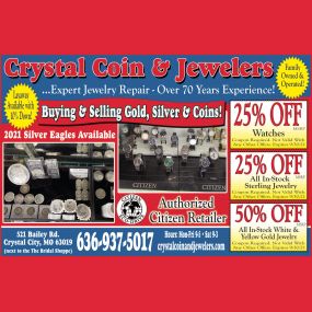 25% OFF MSRP Watches. 25% OFF MSRP All In-Stock Sterling Jewelry. 50% OFF MSRP All In-Stock White & Yellow Gold Jewelry. Coupon Required. Not valid with any other offers. Expires 9/30/21.