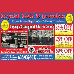 25% OFF MSRP Watches. 25% OFF MSRP All In-Stock Sterling Jewelry. 50% OFF MSRP All In-Stock White & Yellow Gold Jewelry. Coupon Required. Not valid with any other offers. Expires 8/05/21.