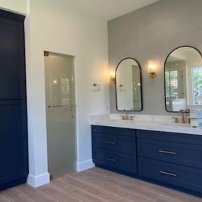 Bathroom remodel, double vanity, hidden toilet room, custom cabinets in wall