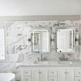 bathroom remodel, double vanity light up mirror, custom wall tile, hit up towel rack, master bathroom remodel