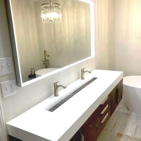 bathroom remodel, modern bathroom vanity, light up bathroom mirror, double bathroom faucet