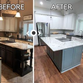 before and after kitchen remodel and update, custom island remodel, new flooring. marble top