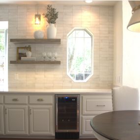kitchen remodel, floating shelves, wine fridge, custom lighting