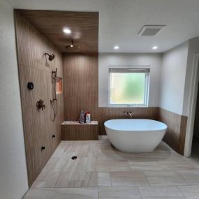 master bathroom remodel, walk in shower, shower seat, free standing tub, modern bathroom remodel