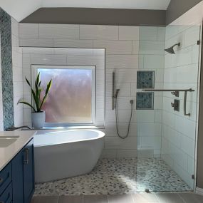 Bathroom remodel, wet room, free standing tub, walk in shower, custom cabinets