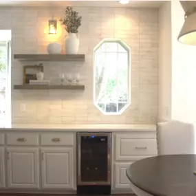 kitchen remodel, floating shelves, wine fridge, custom lighting