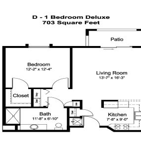 Fellowship Square Mesa has rooms of varying sizes. Like this spacious living quarters with a deluxe bedroom.