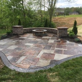 Stamped Concrete Patio in Cincinnati Ohio with Seating Walls and Fire Pit