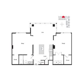 Seven at Broadway 1 Bedroom Apartment With Study Floor Plan