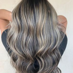 Ashy Blonde, Long Hair Balayage, Shiny Curled, at Uniquely Elegant Hair Salon in Albuquerque Abq
