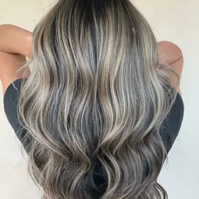 Ashy Blonde, Long Hair Balayage, Shiny Curled, at Uniquely Elegant Hair Salon in Albuquerque Abq