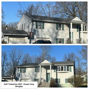 Completed Job in Mt. Arlington, NJ. This roof was completed in GAF TImberline HDZ - Pewter Grey Shingles. Ultimate Pipe Flashings were also applied to top off this job.