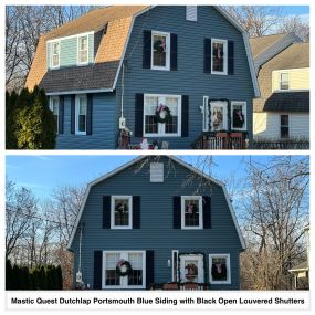 Completed Job in Franklin, NJ. This home was re-sided with Mastic Quest Siding in Portsmouth Blue in the Dutch Lap Panel. Black Open Louvered Shutters were also applied to completed this job!