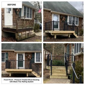 Completed Job in Montague, NJ. A new Therma-Tru Fiberglass Smooth Star Door with 9LT in Deep Moss and Storm Door was installed along with a new Front Porch in Pressure Treated Wood with a Black Trex Railing System!