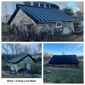 Completed Job in Newton, NJ. Black 1.5 Snap Lock Metal roofing was applied to this cute little spring house. If you can looking to add some metal roofing to your home or garage please call the office at 973-300-0636 to schedule a free estimate today!