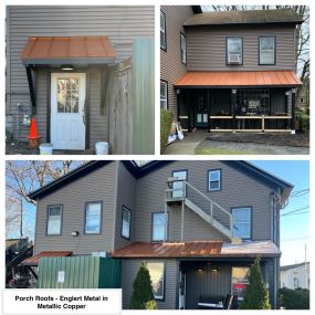 Completed Job in Newton, NJ. The metal roofs on all porches was just one of the many projects we completed on this building. These roofs we re-done in Englert Metal in Metallic Copper. These roofs give that little extra pop to an amazing makeover! Pictures to follow on the other great improvements t