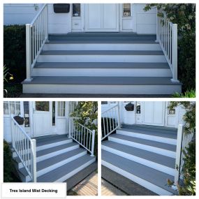 Completed Job in Newton, NJ. These stairs were resurfaced with Trex Transcend Lineage Rainier Decking. A White Trex Signature Railing System and White PVC Risers were added to top off this Job!