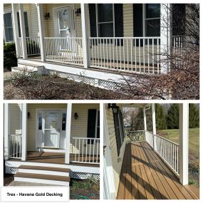 Completed Job in Hardwick, NJ. This front porch was resurfaced with Havana Gold Deck Decking. A Signature Trex Railing system was added in white, along with White PVC Trim Boards and White PVC Lattice.