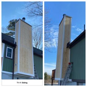 Completed Job in Milford, PA. This siding on the chimney was re-done in T1-11 siding. This improvement gave the home the little extra pop it needed!