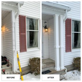 Completed Job in Sparta, NJ.  4 new pressure treated posts were installed and wrapped with white PVC Trim, giving this front porch a little appearance re-vamp!