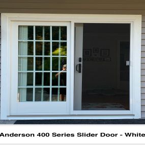 Completed Job in Newton, NJ 07860. This White Anderson 400 Series Slider replaced a standard exterior door, giving this entrance a new updated appearance!