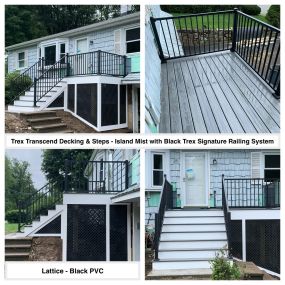 Completed Job in Stanhope, NJ. The old concrete steps, landing, & pad were all demoed and replaced with a Trex Transcend Island Mist Decking. White PVC Trim Boards, Risers, and Lattice were applied along with a  Black Trex Signature Railing System!
