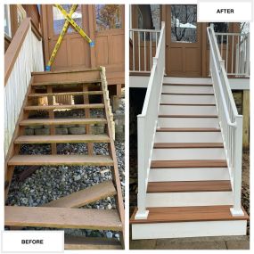 Completed Job in Sparta, NJ. This front porch was re-framed and re-surfaced with Trex Tiki Torch Decking. White PVC Trim Boards were added around the perimeter of the porch, stairs, and risers.To top of this project a Trex Signature Railing System in White was applied!