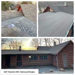 Completed Job in Franklin, NJ. This roof was re-done in GAF Timberline HDZ - Barkwood Shingles and Mule-Hide Mod Bit - Heather Blend flat roof self-adhering material. This beautiful home is a perfect example of the common combination we use to optimize the performance of the roof.