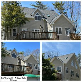 Completed Job in Blairstown, NJ. This roof was re-done in GAF Camelot II Shingles in Antique Slate. Camelot II is one of the Designer Lifetime Shingles that GAF produces. Black metal was added in the valleys, 6